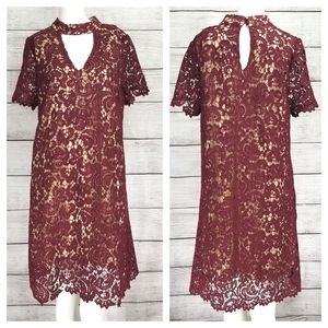 Altar’d State L Choker neck Crochet Lace Sheath Dress Short sleeves Burgundy Red